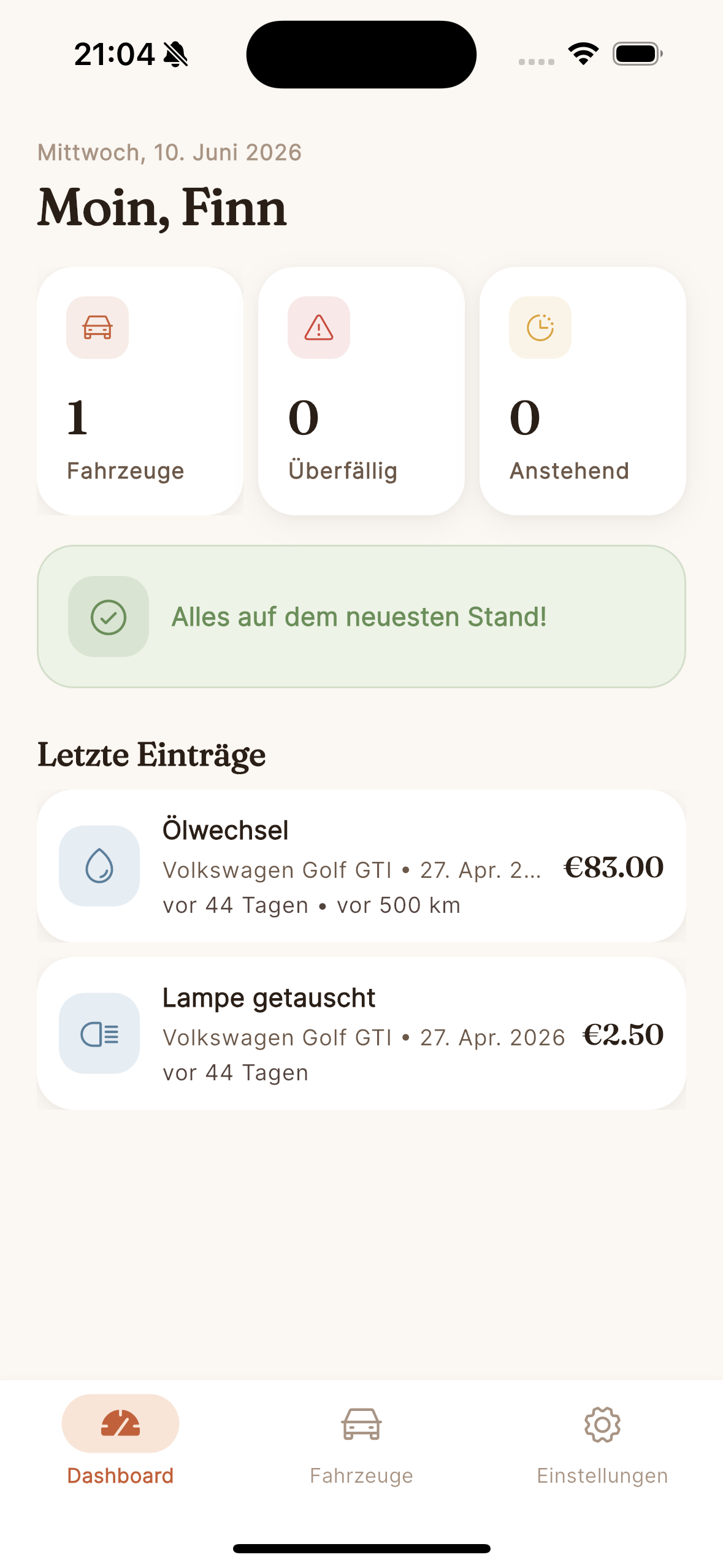 Dashboard mit fälligen Wartungen und letzten Einträgen