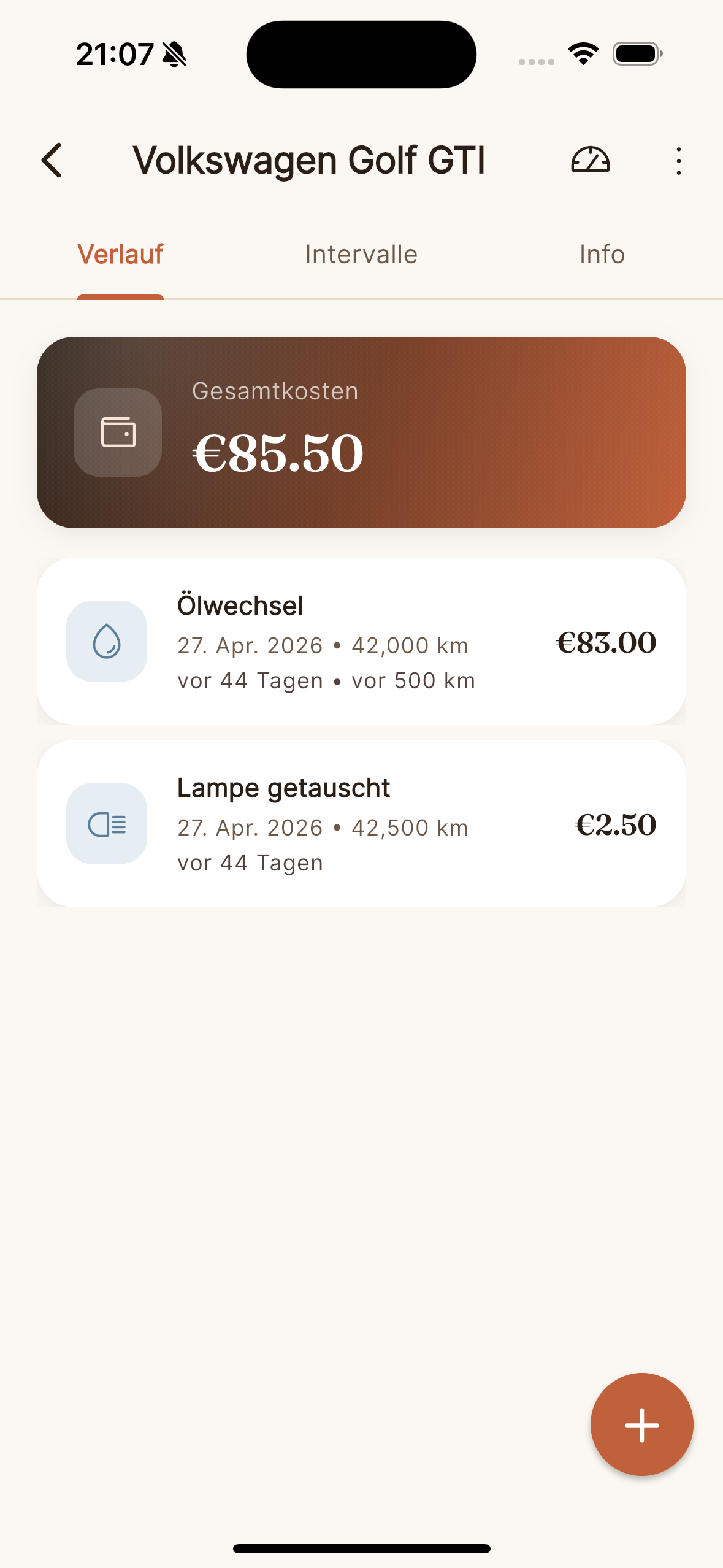 Fahrzeug-Historie mit Kosten auf einen Blick